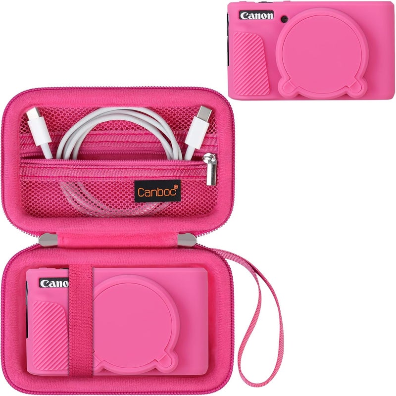 Canboc Case for Canon PowerShot SX740 SX730 HS Digital Camera, 1* Hard Carrying Case + 1* Soft Silicone Protective Cover with Removable Lens Cover, Rosered (Case Only) - Image 1